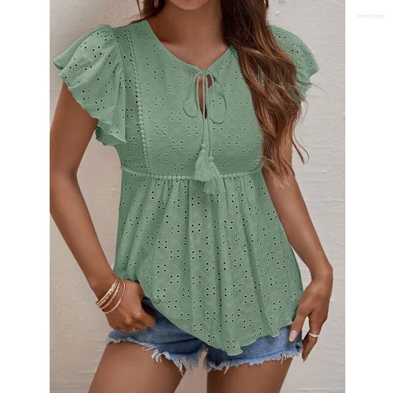 

Women' Blouses Fashion Lace-Up Tops Summer Hollow Blouse Elegant Jacquard Butterfly Short Sleeve Shirt Women Sweet White T-Shirt Blusas, Red