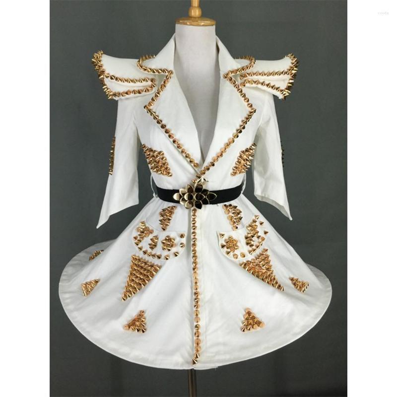 

Stage Wear Atmospheric Pettiskirt Shoulder Pad Rivet White Outfit Suit Dress Singer Dance Costume Performance Nightclub Outfits