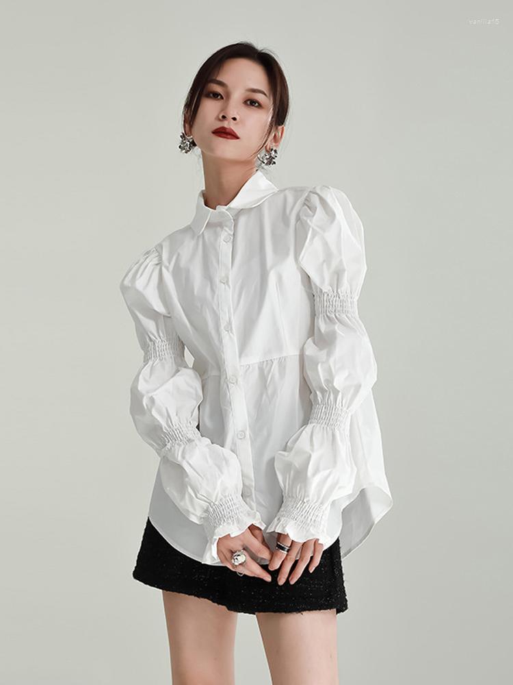 

Women's Blouses 2023 Korean Fashion Long Sleeve Spring Autumn Woman Tops Single Breasted Black White Shirts Puff Sleeves For Women