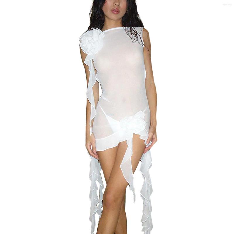 

Casual Dresses Women' Sheer Mesh Tank Dress 3D Flower Sleeveless Backless Round Neck Solid Color See-through Ruffle Mini