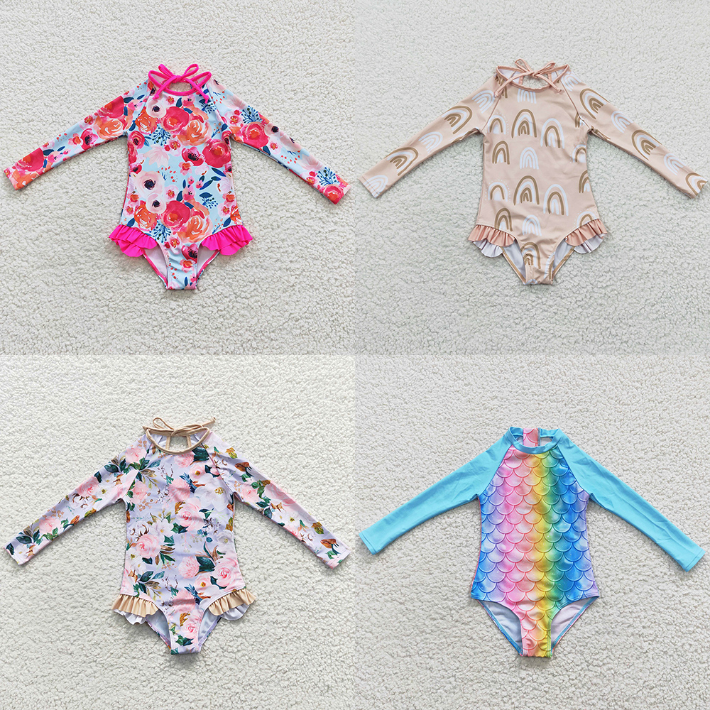 

New Design Baby Girls Swimsuits Long Sleeve One-Pieces Swim Clothing Suit Summer Fashion Kids Clothes Girl Swimwear Boutique Swimsuit, Yellow
