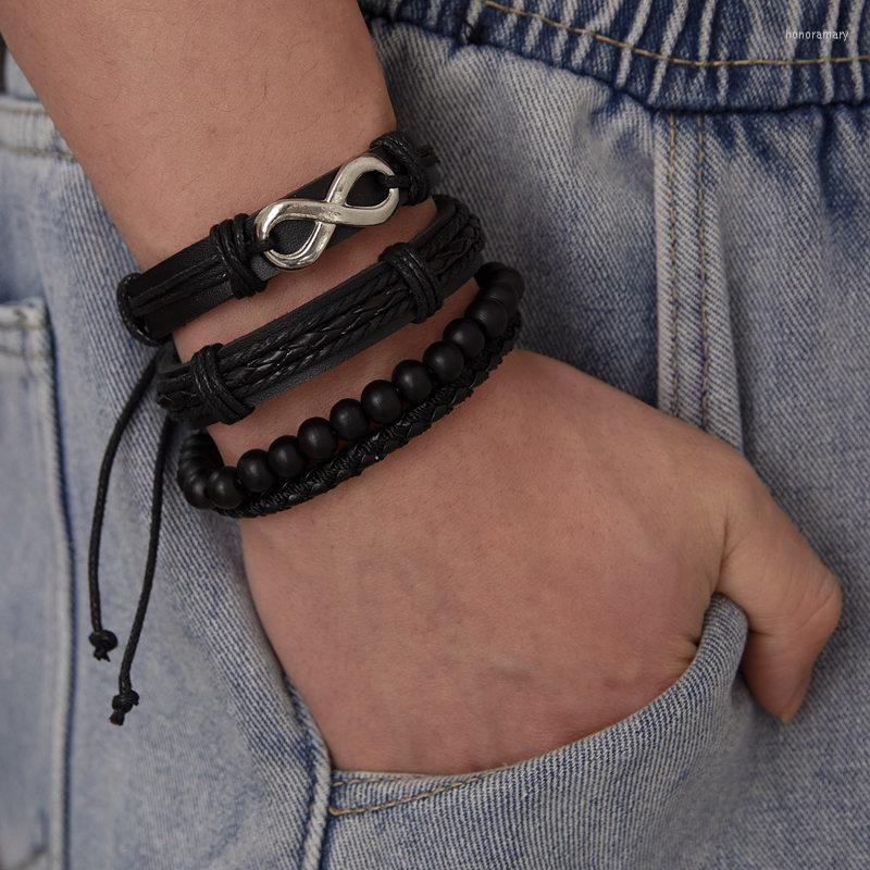 

Charm Bracelets Fashion Black Leather 8 Shaped Multilayer Bracelet Set For Men Women Handmade Jewelry Wood Beaded Boy Gift Wristband Bangle