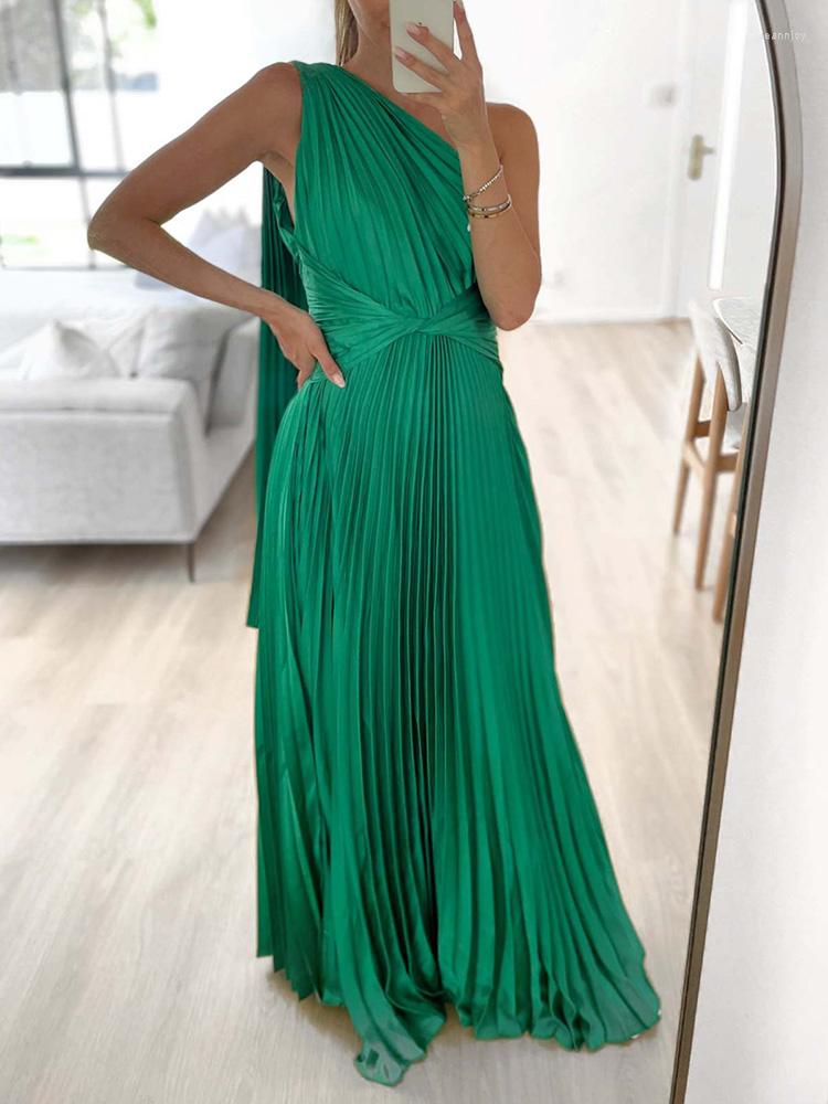 

Casual Dresses 2023 Spring Summer Women Pleated Dress Solid Color Diagonal Collar Sleeveless Backless A-LINE Party Sexy Long, Green