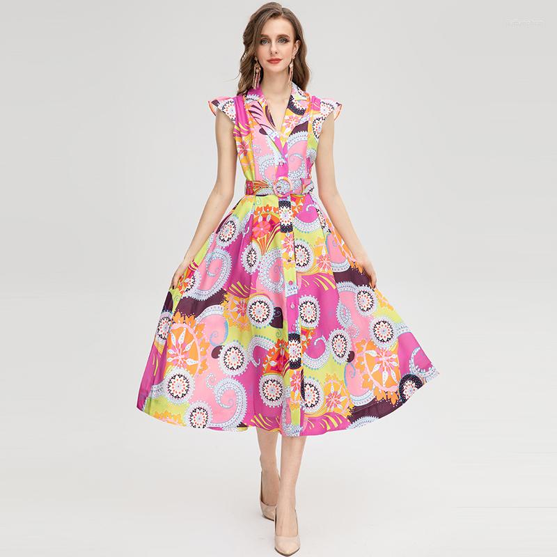 

Casual Dresses Janeyiren Catwalk Dress Autumn/Winter V-neck Short-sleeved Single-breasted Halter Print, Pink