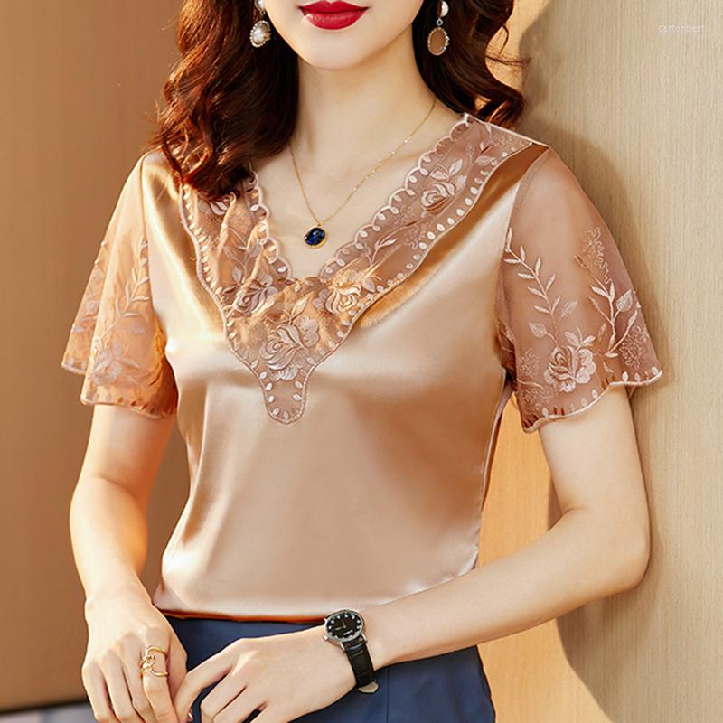 

Women's Blouses Fashion Loose Satin Lace Blouse Summer V Neck Short Sleeve Silk Women's Shirt Elegant Embroidery Office Lady Tops Blusas, Black
