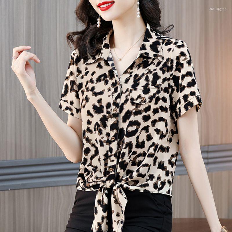 

Women's Blouses Office Lady Stylish Leopard Printed Blouse Female Clothing Casual Single-breasted Elegant Bandage Bow Summer Polo-Neck Shirt