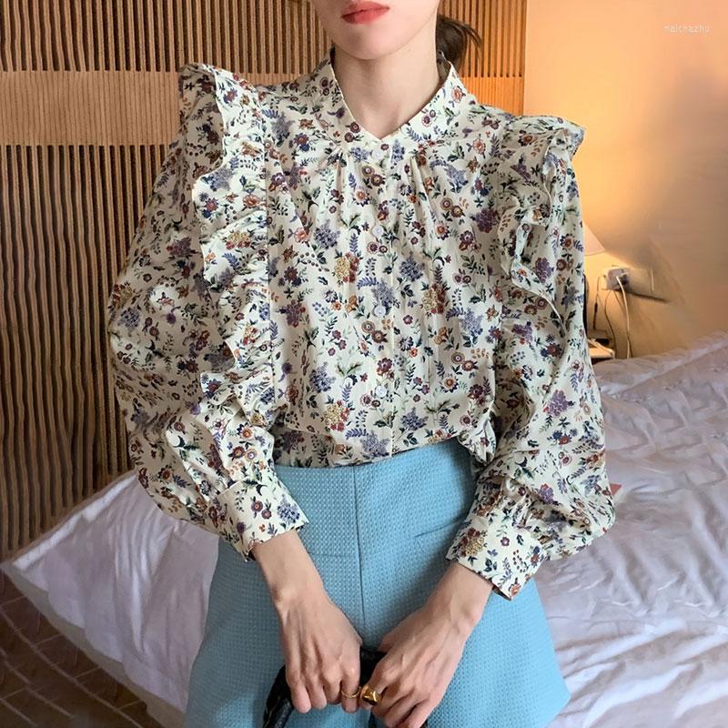 

Women's Blouses Clothland Women Stylish Floral Blouse Ruffles Puff Sleeve O Neck Single Breasted Shirt Retro Spring Chic Tops Blusa LA729, Picture shown