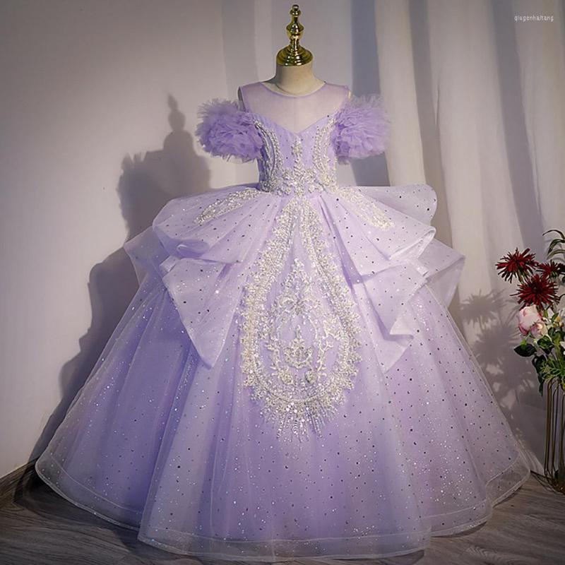 

Girl Dresses Luxury Kids Girls Glitter Purple Tulle Princess Dress Pleated Flower Off The Shoulder Performance Prom Ball Bown