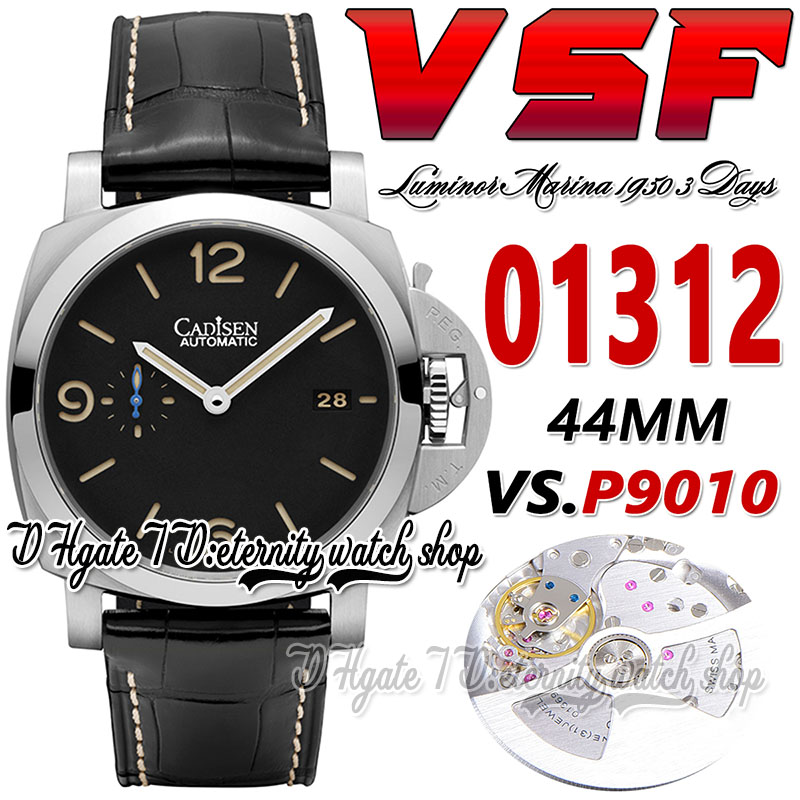 

44mm Mens Watch sv1312 P.9010 VSP9010 Stainless Steel Case Black Dial Blue Hands Luminous Stick Markers Leather Strap With White Line Super Edition eternity Watches, Watch waterproof cost