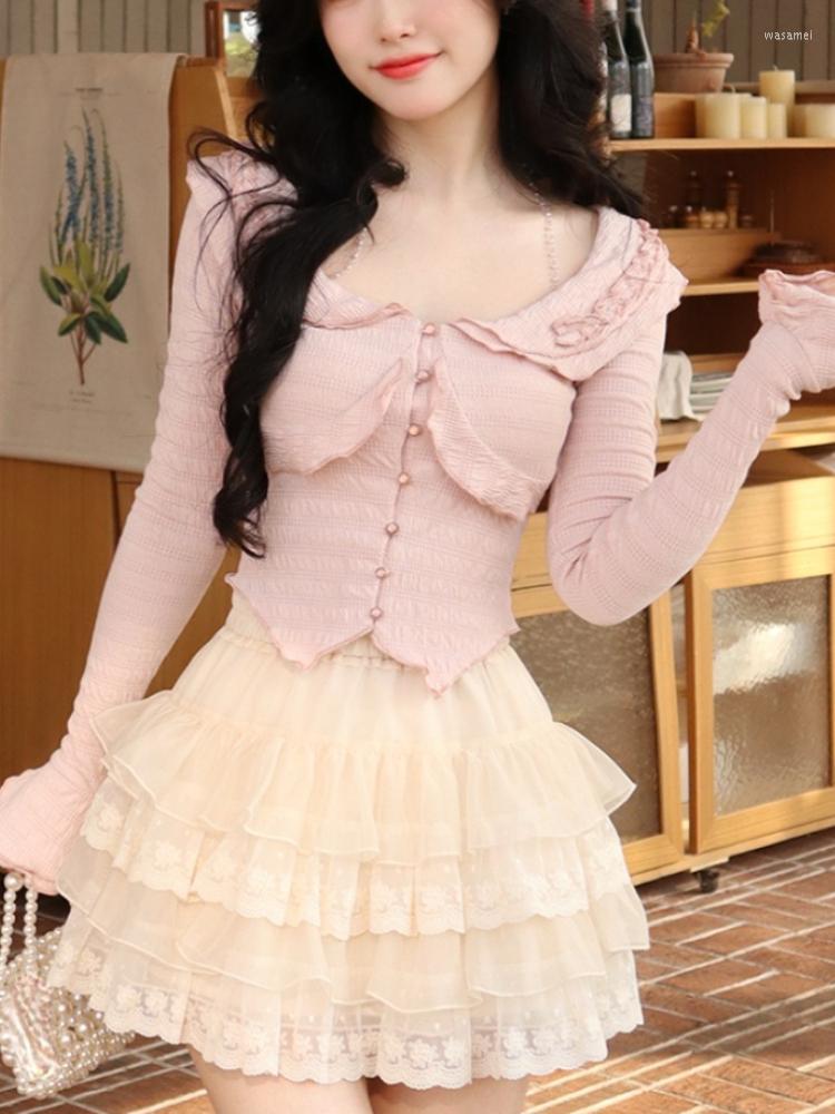 

Women' Blouses Summer Pink France Sweet Blouse Women Slim Japanese Lolita Cute Female Long Sleeve Korean Style Clothing 2023, Only white skirt
