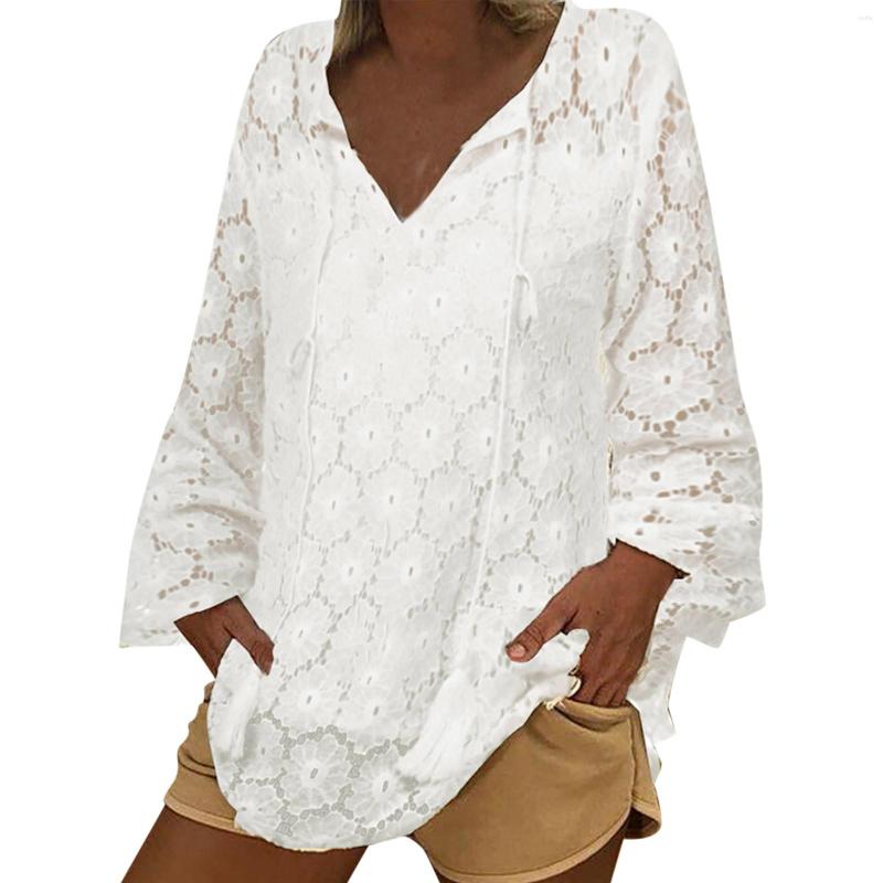 

Women' Blouses Plus Size Women Tops Vintage Lace Hollow Out V-Neck Trumpet Sleeve Blouse Shirts Female Casual Oversized Tunic 5XL, Black