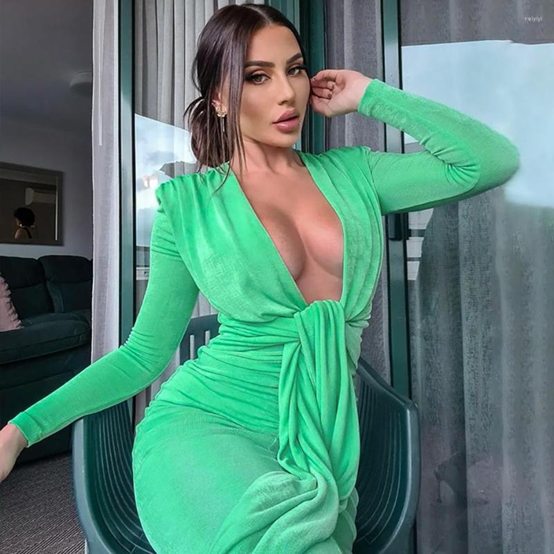 

Casual Dresses 2023 Sexy V-neck Fashion Temperament Waist Strap Slim Bag Hip Long Dress, Green
