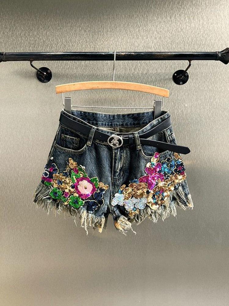 

Women's Shorts Trend Sequin Floral Burrs Hole Denim Women's Vintage High Waist Wide Leg Short Jeans Female 2023 Summer, Blue