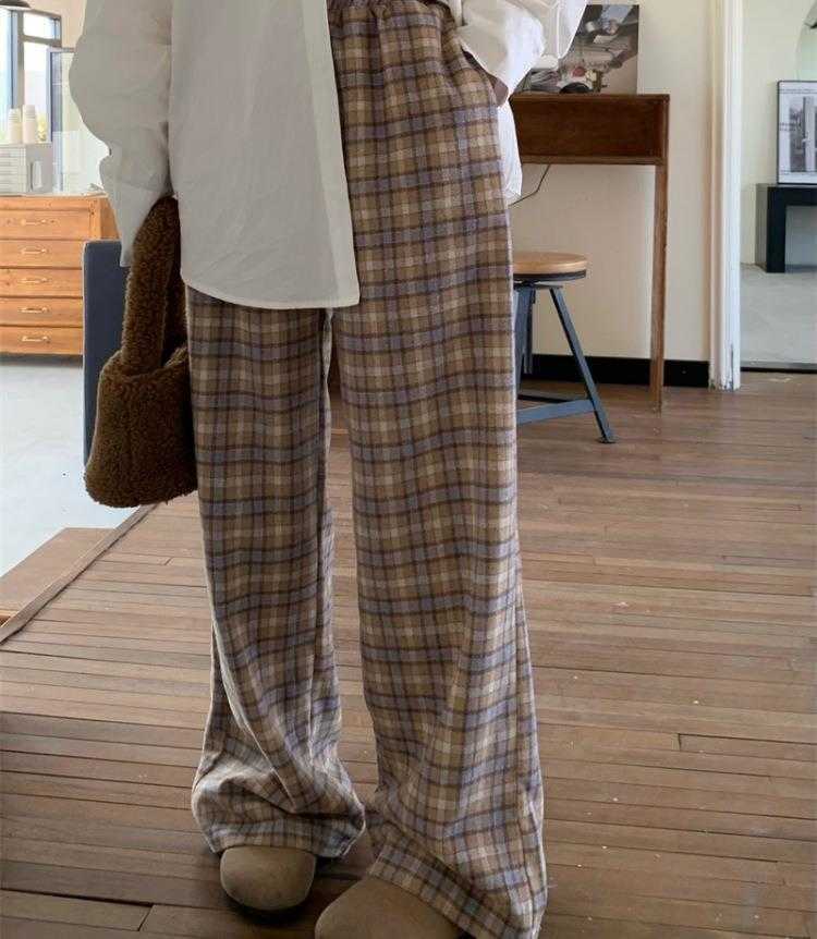 

Plaid Thick Wool Wide Leg Pants Womens Autumn Winter Retro Elastic Waistband, Apricot check