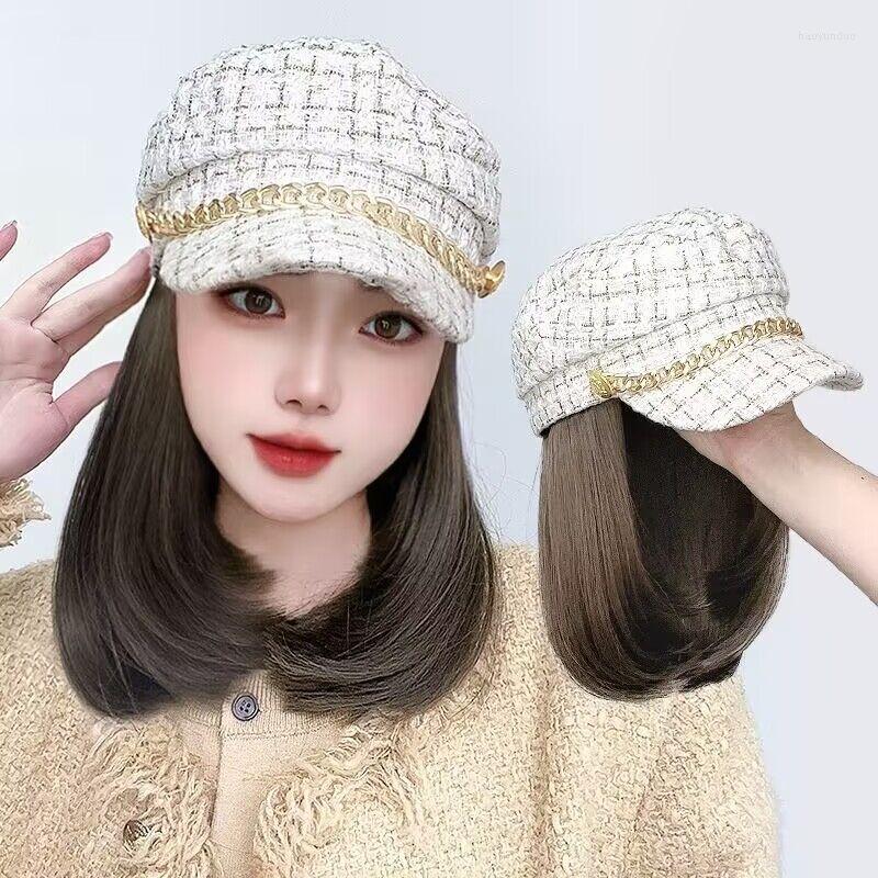 

Berets Fashion Girl's Winter White Plaid Cap With Short Hair Hat Wig Set, 2dk brown