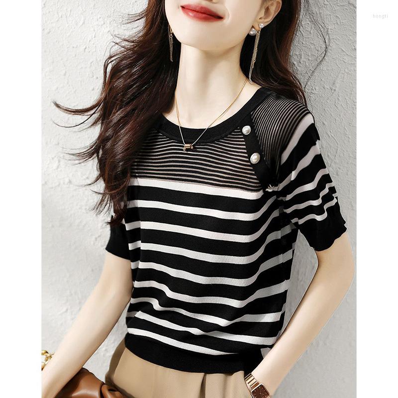 

Women's Blouses Fashion O-Neck Knitted Spliced All-match Striped Blouse Female Clothing 2023 Summer Casual Pullovers Tops Loose Korean Shirt, Black