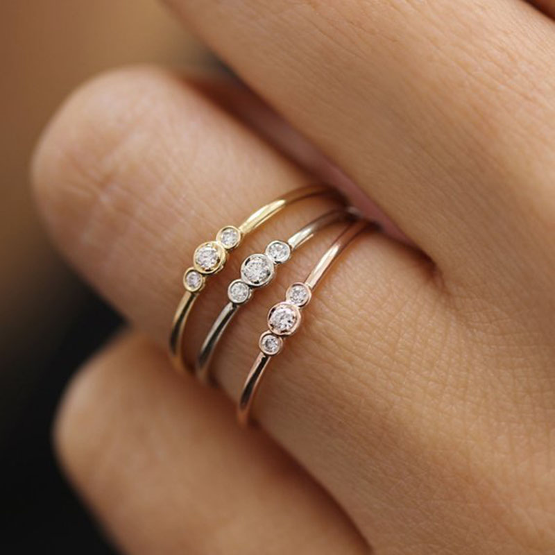 

Dainty 18k Gold Plated Three Stones Bezel Set Diamond Ring Stacking Ring for Women