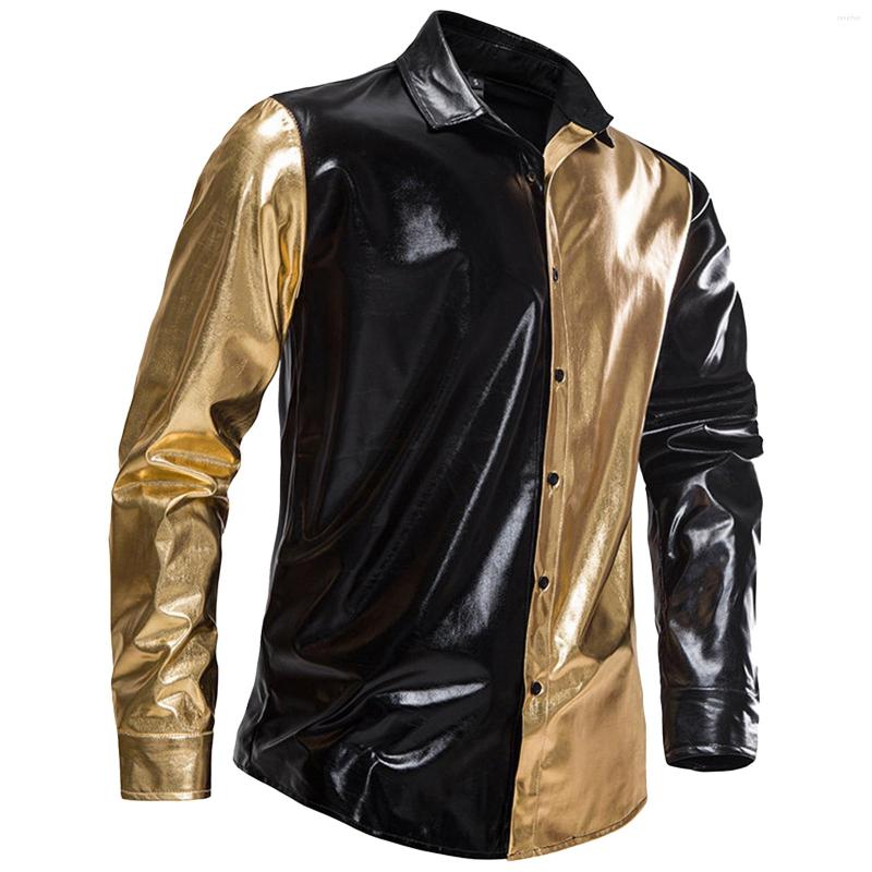 

Men' T Shirts Shiny Men Metallic Color Block 70s Disco Theme Party Tee Top Long Sleeve Button Down For Stage Performance Costume, Gold