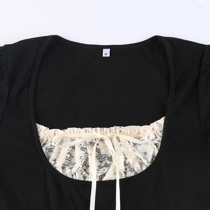 

Women' T Shirts Women Y2k Lace Trim Crop Top Bow Sweet Tee Short Sleeve Harajuku Casual Shirt Prepply Summer Fairtycore Tops A30, Black