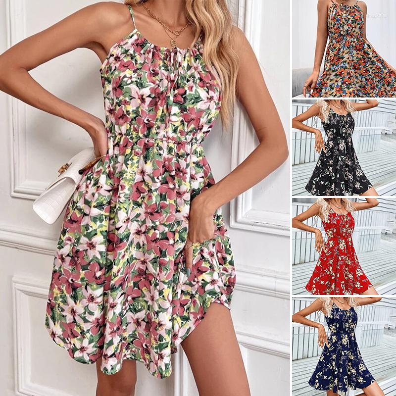

Casual Dresses Women Pleated A-line O Neck Boho Skirts Sleeveless Strap Floral Print Bandage Decor Sexy Mini Short Sweet Style