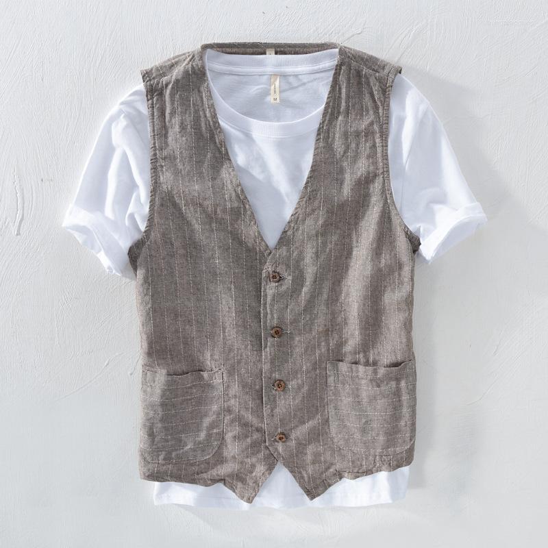 

Men's Vests 2023 Men Vintage Vest Slim Linen Cotton Blazer Male Casual Thin Striped Suit Waistcoat Clothing Asian Size -3XL, Khaki