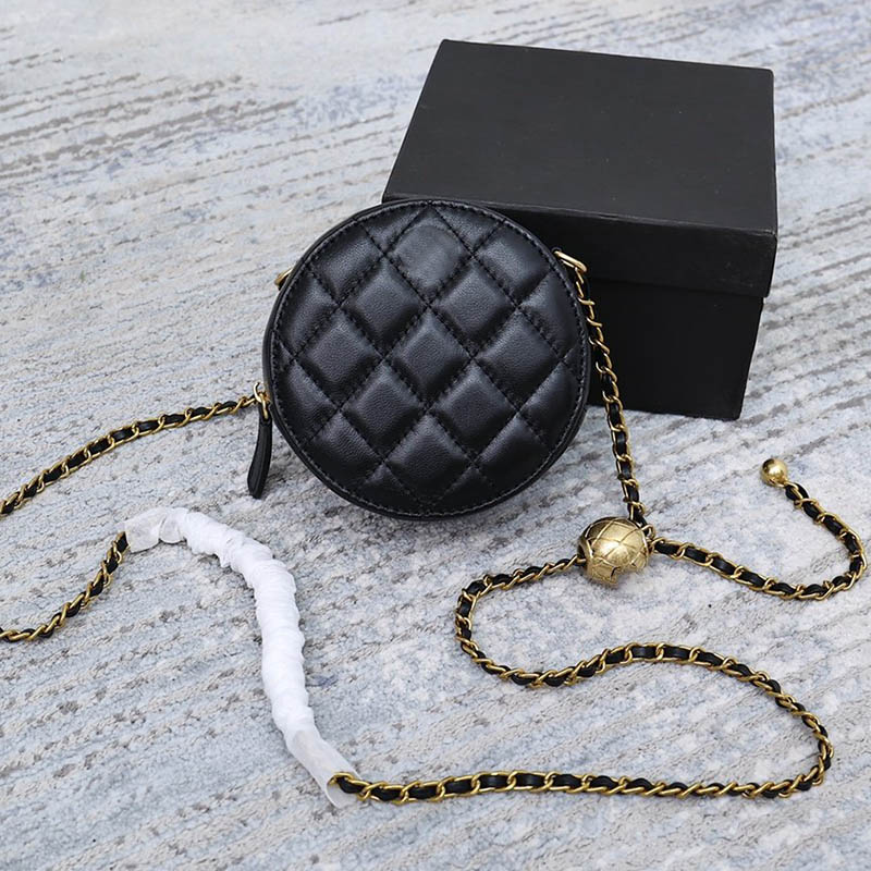 

Women Round Luxury Mini Golden Ball Shoulder Bag Adjustable Chain Diamond Lattice Leather Quilted Vintage Zipper Gold Hardware Designer Handbag Birkin Sacoche 12C, Black