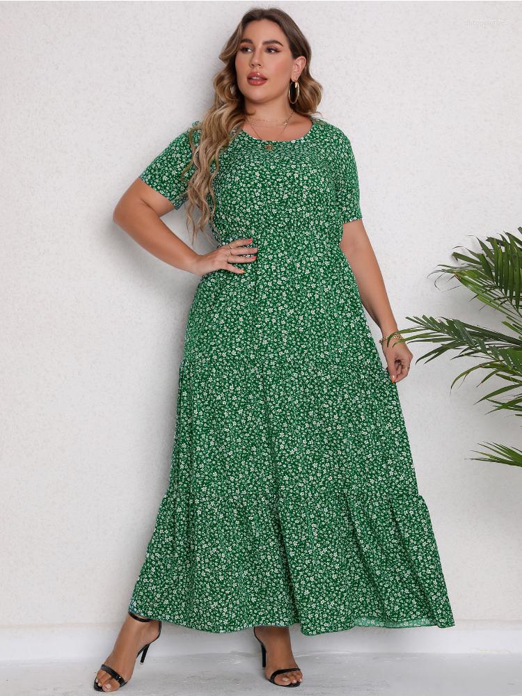 

Plus Size Dresses Women Summer Short-sleeved Round Neck Dress Long Skirt, Green