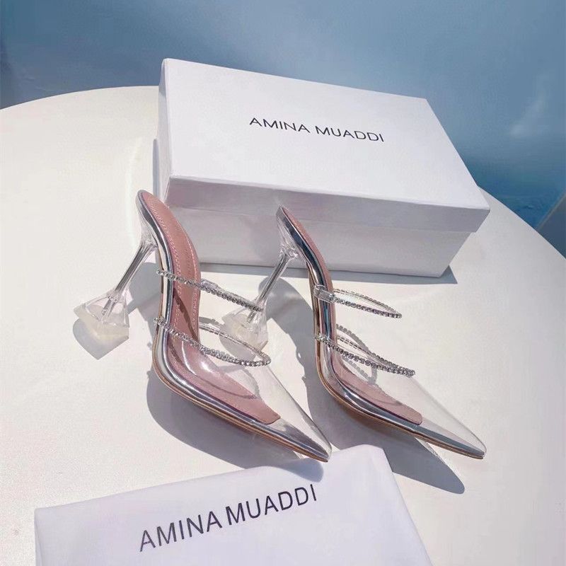 

Amina Muaddi Wedding Sandals Bride Crystal Rhinestones Design PVC Ladies Slippers Stiletto Pumps Luxury Brand Fashion Designer Transparent Slids High Heel, As pic 10cm