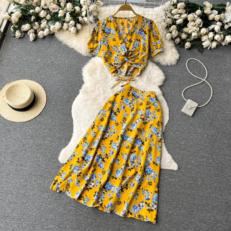 

Work Dresses Summer Floral Print Suit Women Fashion V-neck Lace-up Short-sleeved Short Shirt A-line Skirt Two-piece Sets J229, Black