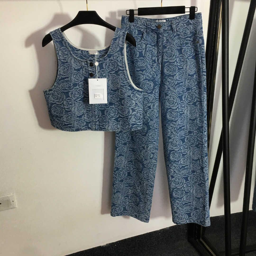 

23ss Denim suit womens designer clothing Womens Tracksuits Camellia Camellia vest High waist wide leg denim trousers set Women Clothes