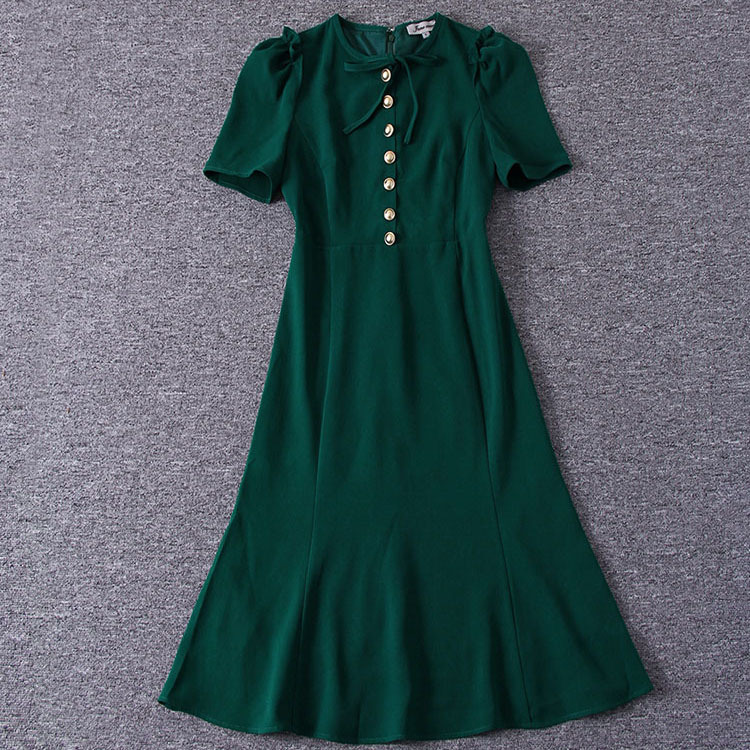 

2023 Summer Green Ribbon Tie Bow Dress Short Sleeve Solid Color Round Neck Buttons Midi Casual Dresses A3A101500 Plus Size XXL
