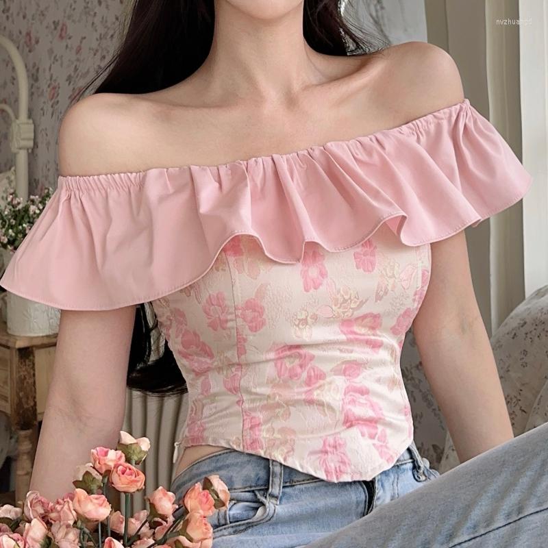 

Women's Blouses Irregular Casual Blosues For Women Spring Slash Neck Ruffles Floral Print Skinny Femme Crop Shirts Tops Korean Fashion, Pink