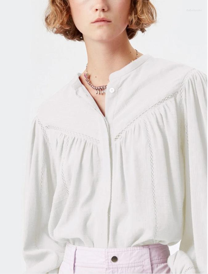 

Women's Blouses Women's Hollow Out O-neck Elegant Long Sleeve Convered Buttons Shirt Office Lady Spring Summer 2023, White
