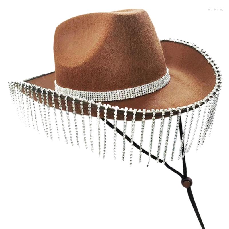 

Berets Cowboy Hat With Rhinestones Fringe Glitter Rave Cowgirl 58cm/23" Circumference Fit For Adults Women, Brown