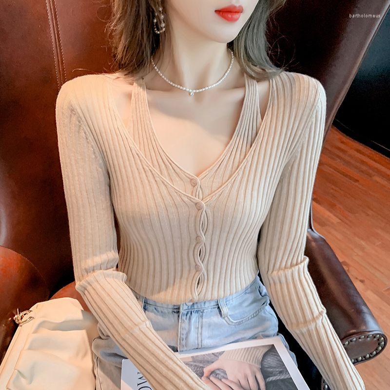 

Women's Knits Women Sexy V Neck Knitted Cardigan Button Down Long Sleeve Casual Fake Two Pieces Slimming Soft Fashion Winter Autumn Sweaters, Black