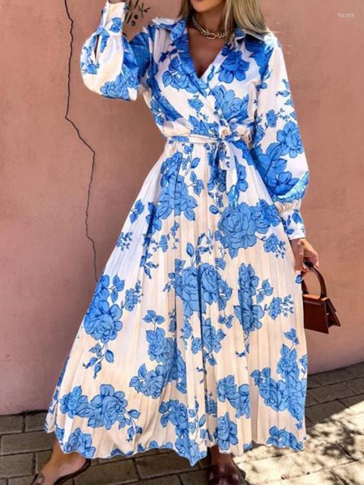 

Casual Dresses Spring Fashion Pattern Printed Shirt Dress Office Sexy V Neck Slit Long Party Summer Women Sleeved Maxi, Yellow