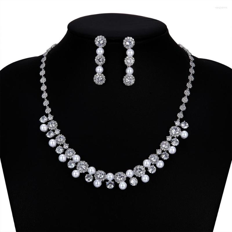 

Necklace Earrings Set CZ Cubic Zirconia Pearls Bridal Wedding Earring For Women Prom Jewelry Accessories CN10238, Picture shown