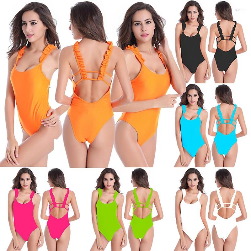 

Women's Swimwear Ruffle Design Swimsuit One-piece Fashion Women's Swimsuits Casual Beach Bath Suit Leisure Monokini Sexy Women Bodysuit, Black