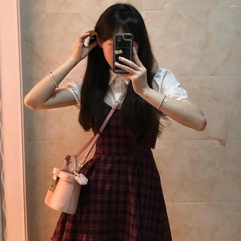 

Work Dresses 2023 Sweet Bubble Sleeve Polo Collar Bottoming Shirt Women French Vintage Hepburn Style Patchwork Waist Plaid Straps Skirt Y2K, Two pieces