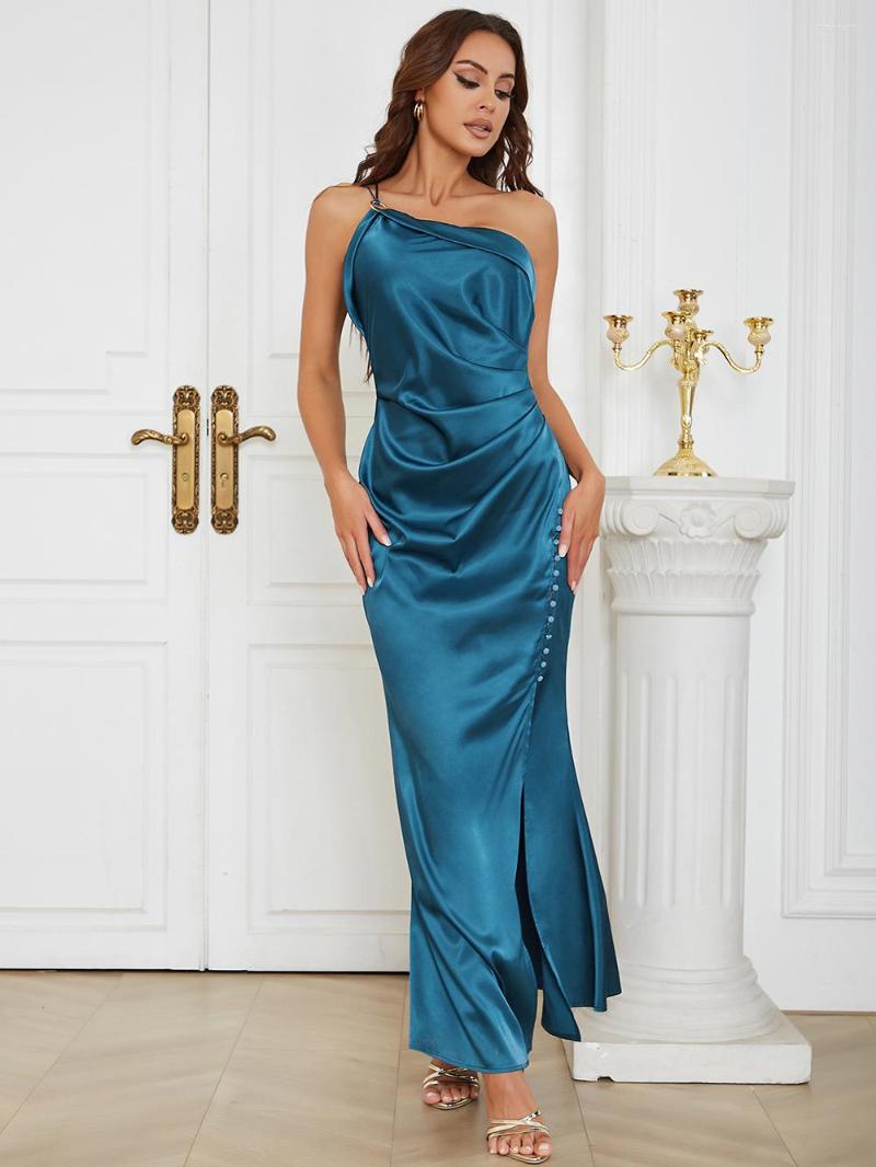 

Casual Dresses 2023 Summer One Shoulder High Split Bule Color Satin Long Dress Fashion Woman Evening Party Cocktail Vestido, Blue
