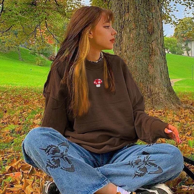 

Women' Hoodies Indie Aesthetic Sweatshirt Fashion Streetwear Long Sleeve Graphic Embroidery 90s Style Vintage Loose, Black