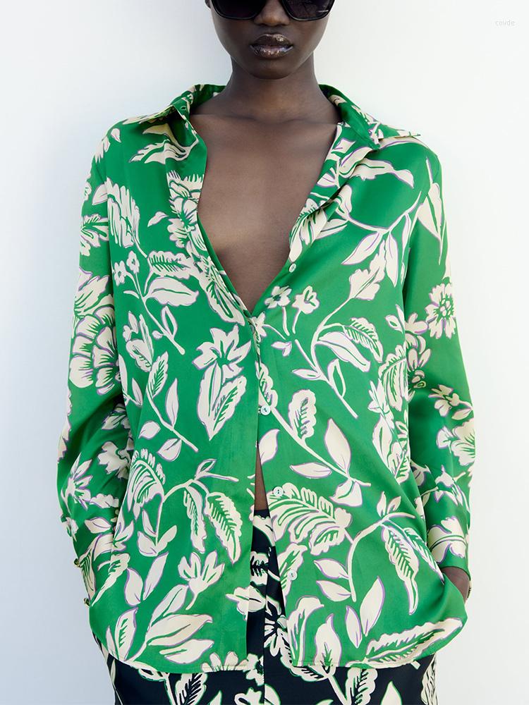

Women's Blouses Fashion Shirts For Ladies 2023 Concealed Button Up Long Sleeve Satin Shirt Women Lapel Collar Elegant Vintage Floral Print, Green