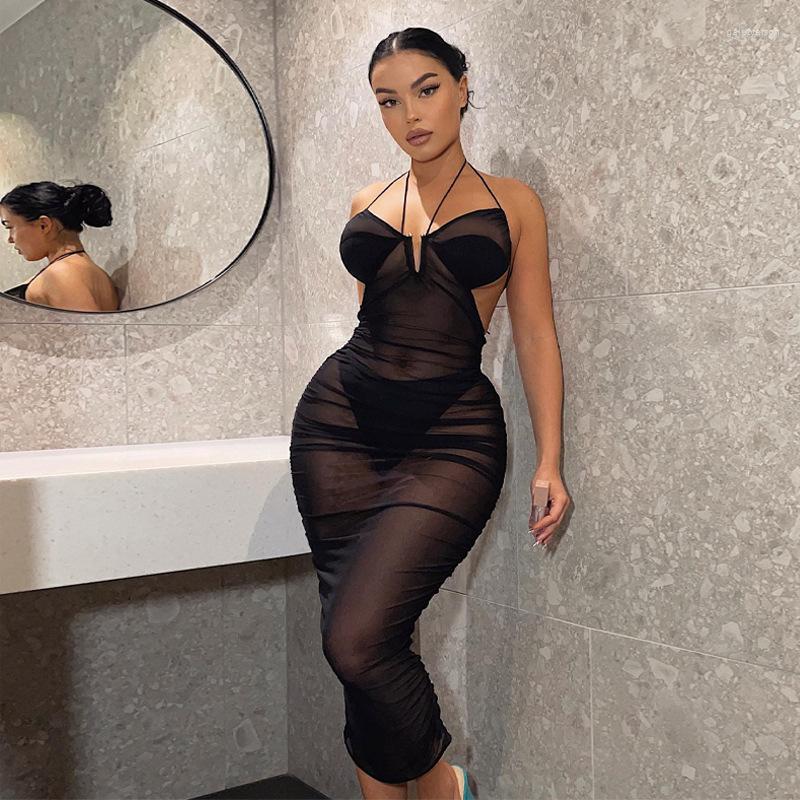 

Casual Dresses European And American Style Women' Summer Solid Color Neck Hanging Back Sexy Mesh Perspective Dress, Black