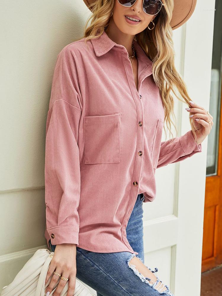 

Women' Blouses Women Corduroy Shirt Button Up Green Vintage Beautiful Warm Winter Autumn Loose Oversized Long Sleeve Top, Pink
