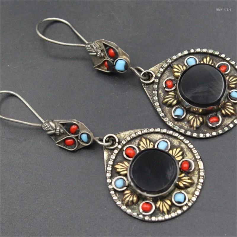 

Dangle Earrings Ethnic Round Inlaid With Black Stone Vintage Silver Color Metal Colored Die Cast Pattern