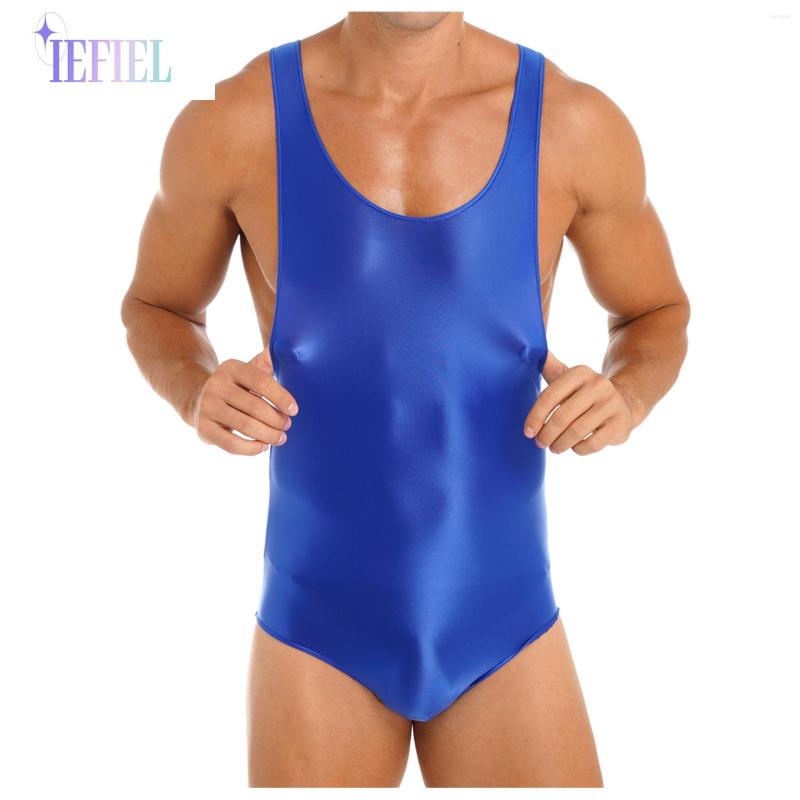 

Men's Swimwear Mens Glossy Stretchy Leotard Sleeveless Skinny Bodybuilding Jumpsuit Wrestling Singlet Sportwear Shorts Romper, Black