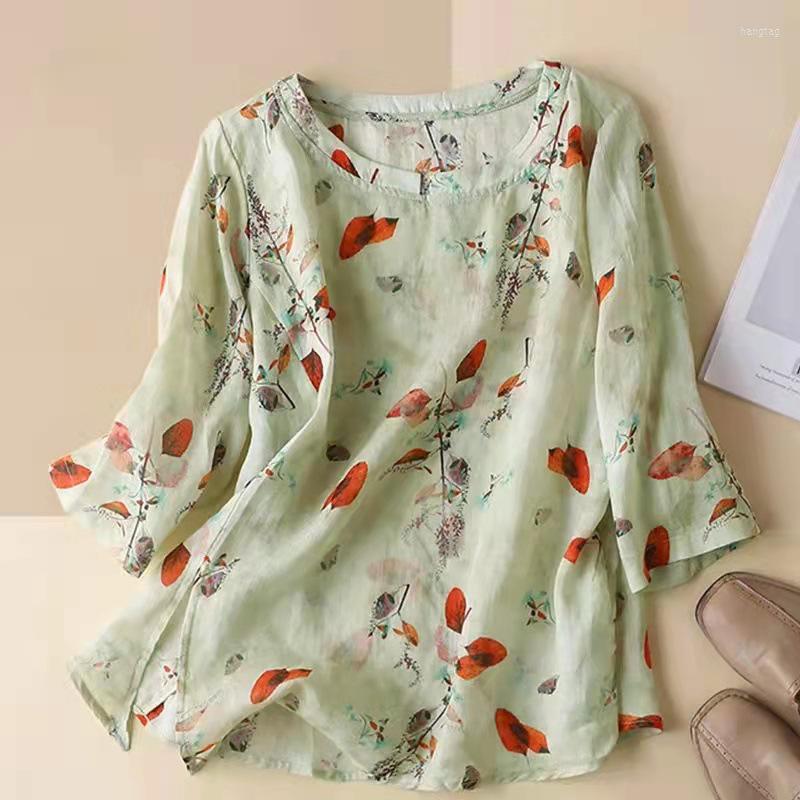 

Women's Blouses Summer Floral Shirts For Women 2023 O-Neck Three Quarter Sleeve Elegant Ladies Clothes Vintage Print Pleated Tops, Green