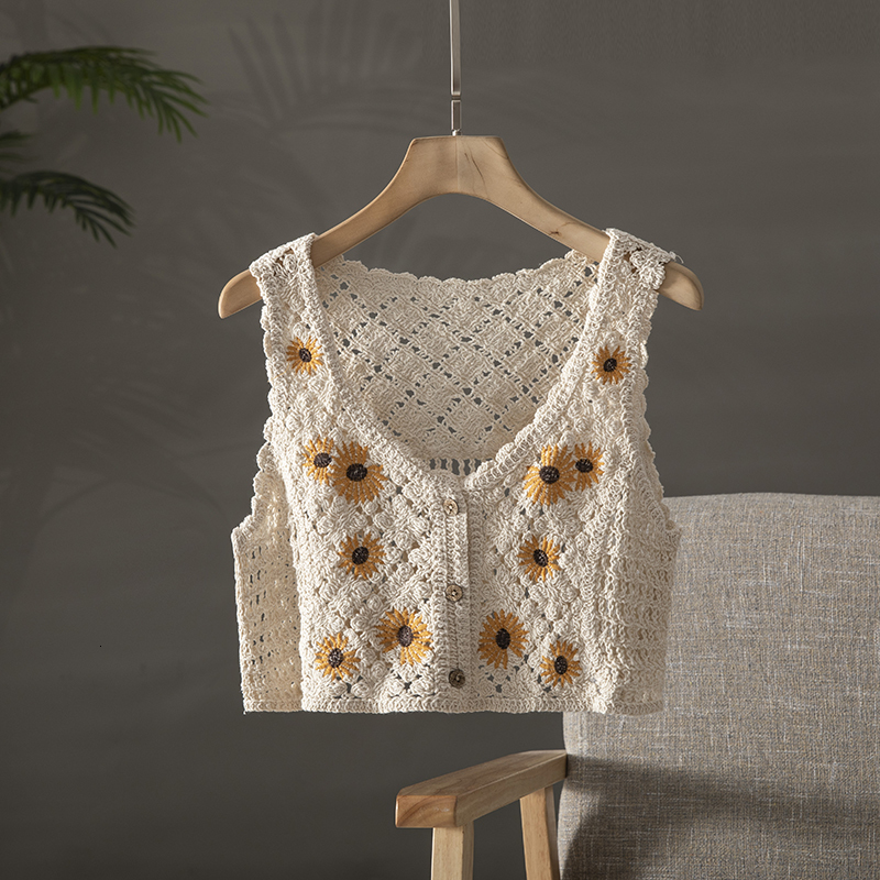 

Camisoles Tanks OUMEA Women Summer Cotton Crochet Retro Cropped Knitted Cardigans Daisy Floral Embroidery Sleeveless Button Up Chic Crop Tops 230413, Style 1 white