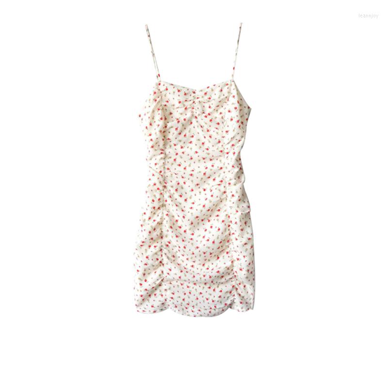

Casual Dresses 2023 Shirring Dress Women Summer Slim Sexy Floral Spaghetti Strap Female Holiday Bodycon French Leisure Prairie Chic, Beige