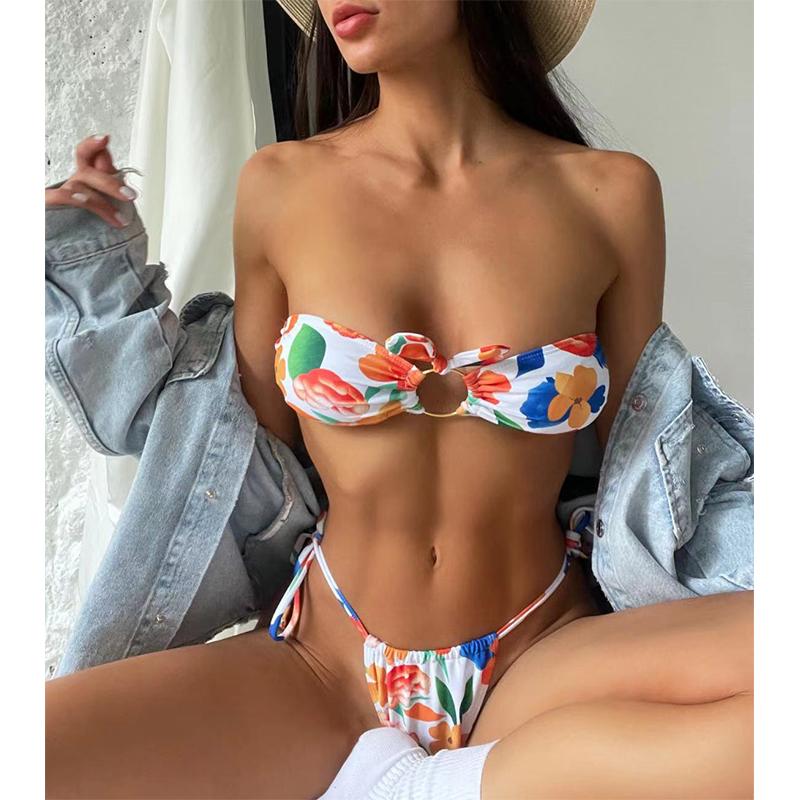 

Women' Swimwear Sexy Floral Print Swimsuit Women Bandeau Knot Bikini 2023 String Low Waist Brazilian Swimming Beach Wear Bathing Suit, X21sw5609
